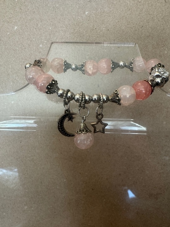 None Jewelry - Pink Beaded Charm Bracelet with Moon & Star Accents
